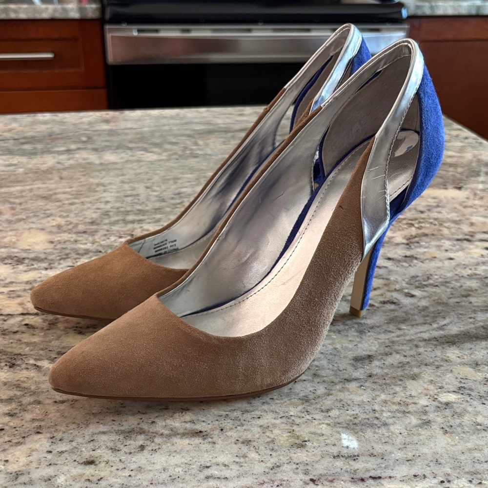 Calvin Klein Ninnah Heels in Cobalt / Taupe / Suede & Leather Sz 7.5